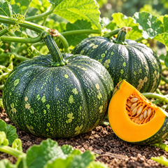 Summer Pumpkin Kaddu growing on healthy green spreading vines with large leaves and yellow flowers – pumpkin vegetable seeds for kitchen gardening in Pakistan