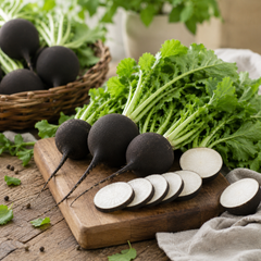 Black Round Radish with dark skin and white flesh – winter radish seeds for kitchen gardening in Pakistan