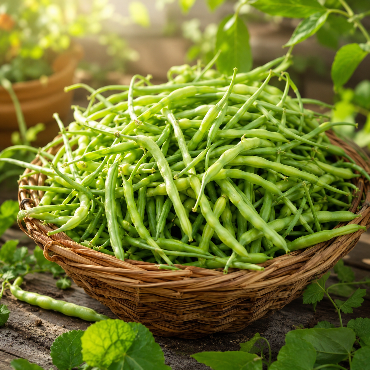 Fresh green Mongray radish pods grown from winter vegetable seeds