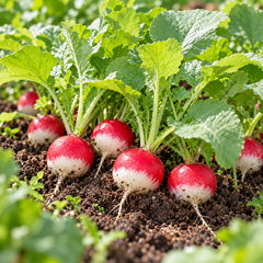 Red and White Small Bicolour Radish Mooli with bright red round roots and contrasting white tips, crisp white flesh and fresh green leaves – winter vegetable seeds Pakistan