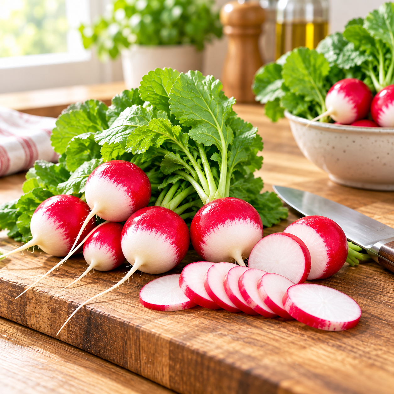 Red and White Small Bicolour Radish Mooli with bright red round roots and contrasting white tips, crisp white flesh and fresh green leaves – winter vegetable seeds Pakistan