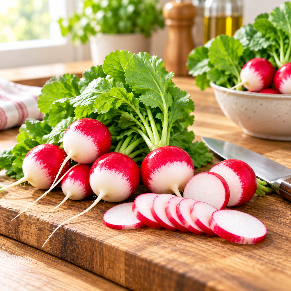 Red and White Small Bicolour Radish Mooli with bright red round roots and contrasting white tips, crisp white flesh and fresh green leaves – winter vegetable seeds Pakistan