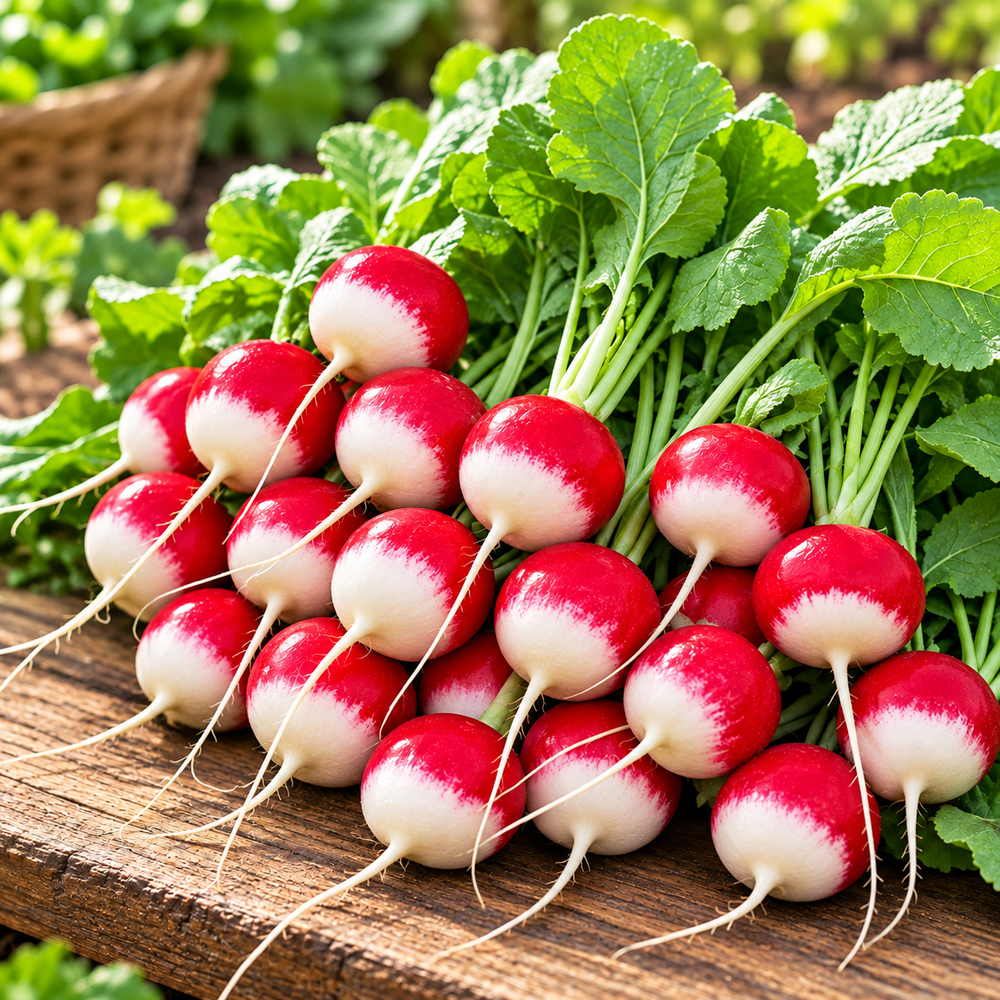 Red and White Small Bicolour Radish Mooli with bright red round roots and contrasting white tips, crisp white flesh and fresh green leaves – winter vegetable seeds Pakistan
