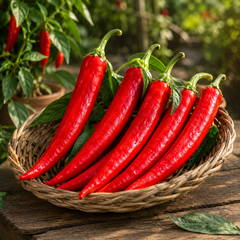 Long red chilli peppers approximately 7–8 inches with green foliage – chilli seeds for home gardening in Pakistan