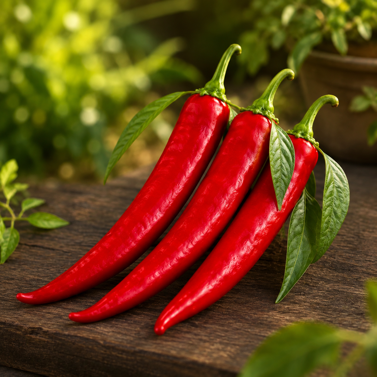 Long red chilli peppers approximately 7–8 inches with green foliage – chilli seeds for home gardening in Pakistan