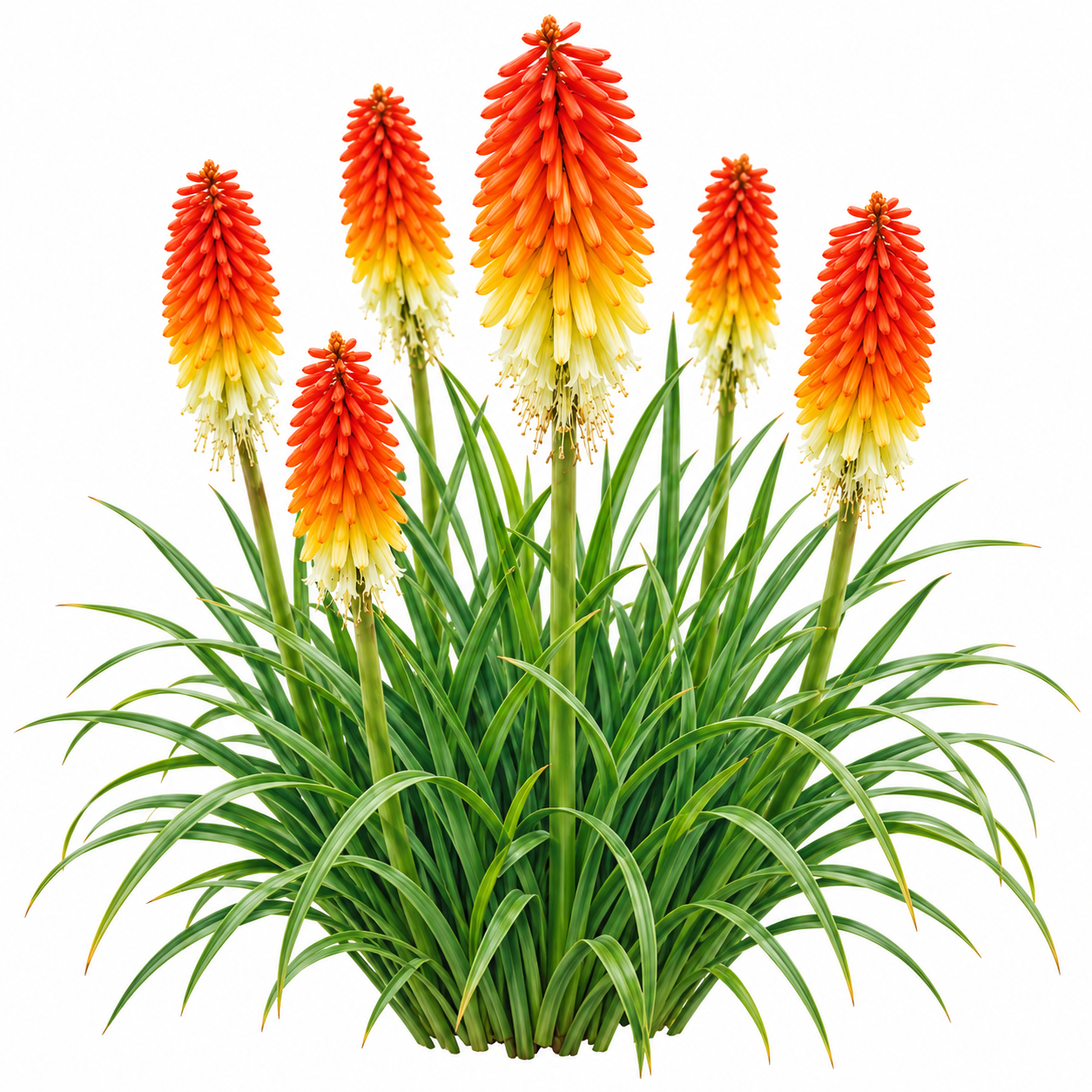 Red Hot Poker Royal Castle Hybrids Kniphofia with red orange and yellow torch-shaped flowers – perennial flower seeds for summer and winter growing in Pakistan