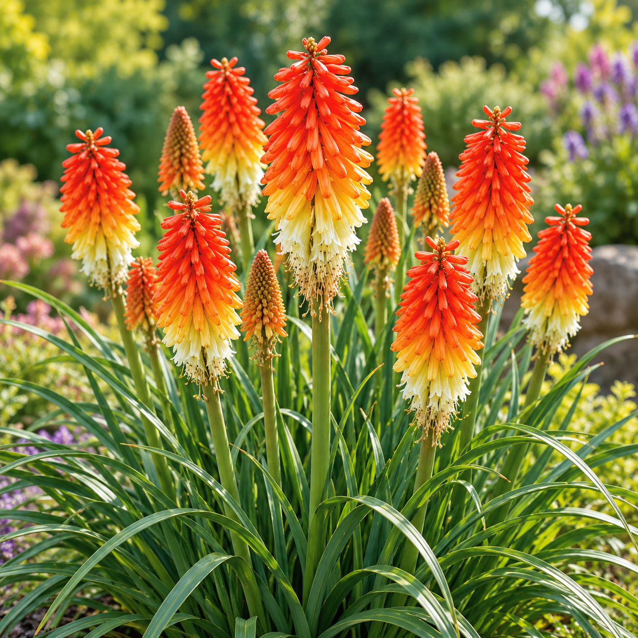 Red Hot Poker Royal Castle Hybrids Kniphofia with red orange and yellow torch-shaped flowers – perennial flower seeds for summer and winter growing in Pakistan