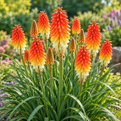 Red Hot Poker Royal Castle Hybrids Kniphofia with red orange and yellow torch-shaped flowers – perennial flower seeds for summer and winter growing in Pakistan