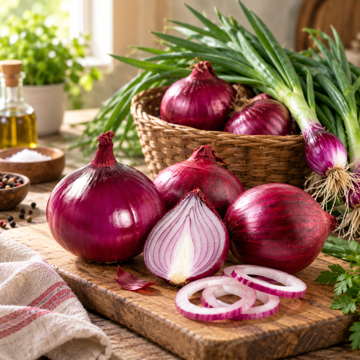 Fresh red onions with reddish-purple bulbs and healthy green tops – Red Onion seeds for winter and home gardening in Pakistan