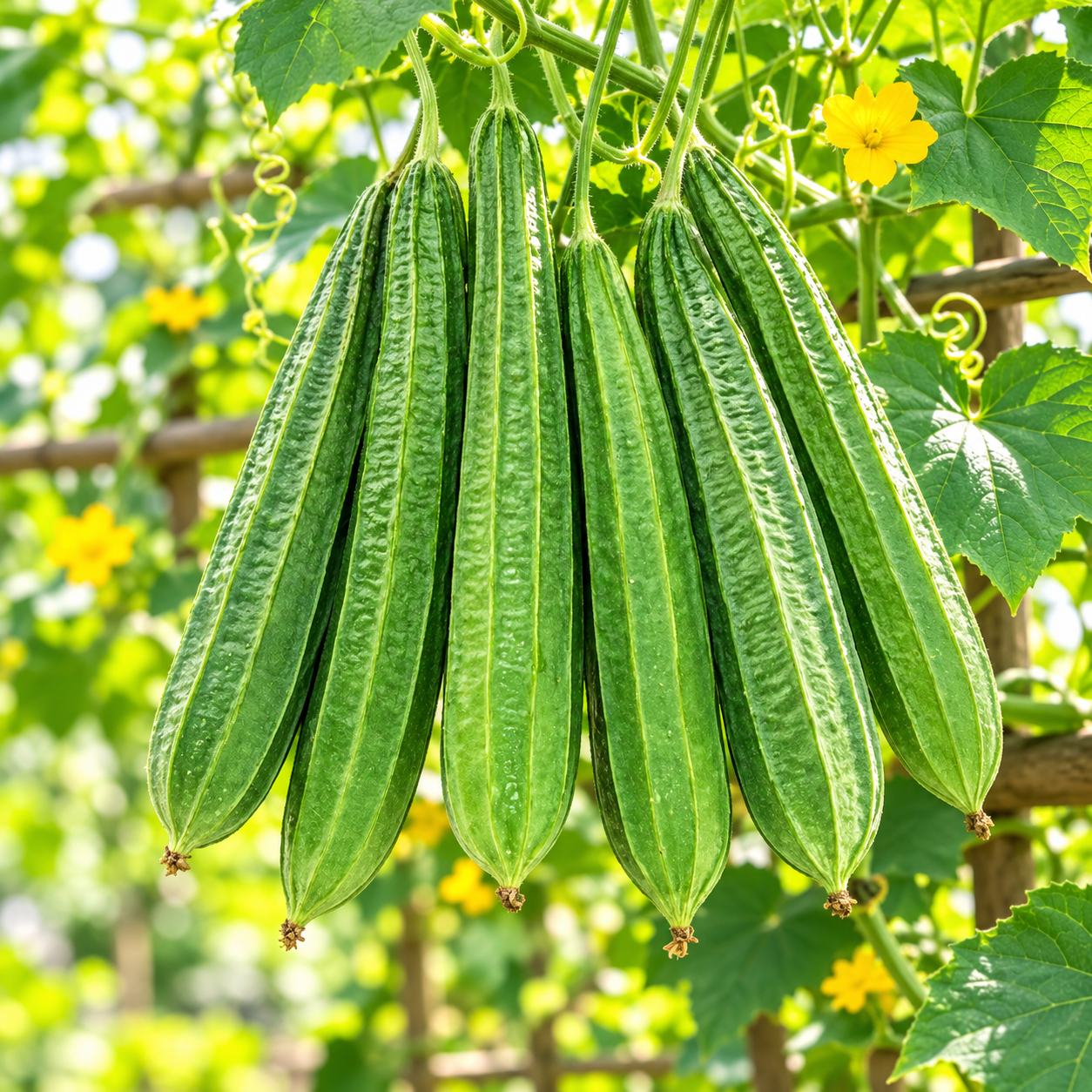 Desi Tori Ridge Gourd green elongated ridged fruits hanging from healthy climbing vines on trellis – open pollinated summer vegetable seeds Pakistan
