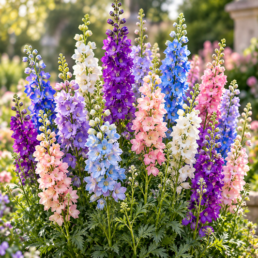 Rocket Larkspur Consolida ajacis Mix with tall blue purple pink and white flower spikes – winter seeds for beds borders grow bags and cut flowers in Pakistan