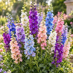 Rocket Larkspur Consolida ajacis Mix with tall blue purple pink and white flower spikes – winter seeds for beds borders grow bags and cut flowers in Pakistan