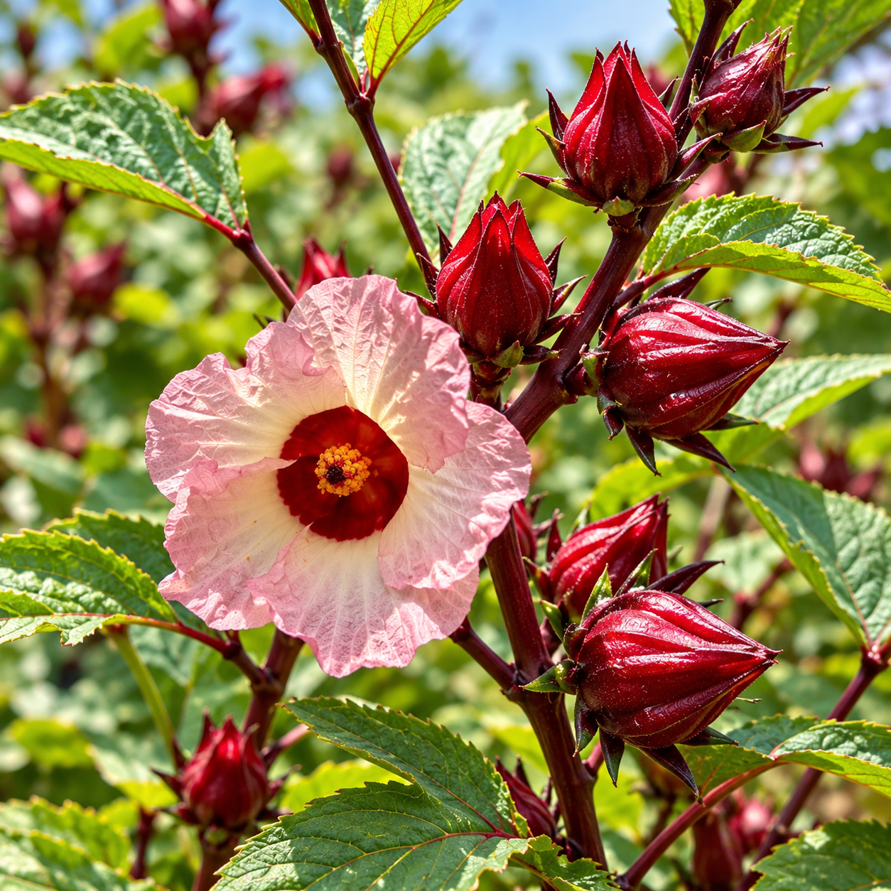 Roselle Hibiscus sabdariffa plant with red edible calyces and hibiscus-like flowers – summer seeds for home gardens and grow bags in Pakistan