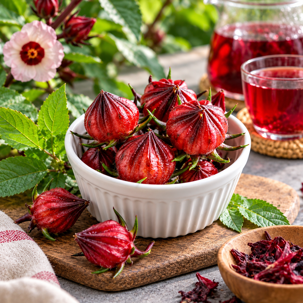 Roselle Hibiscus sabdariffa plant with red edible calyces and hibiscus-like flowers – summer seeds for home gardens and grow bags in Pakistan