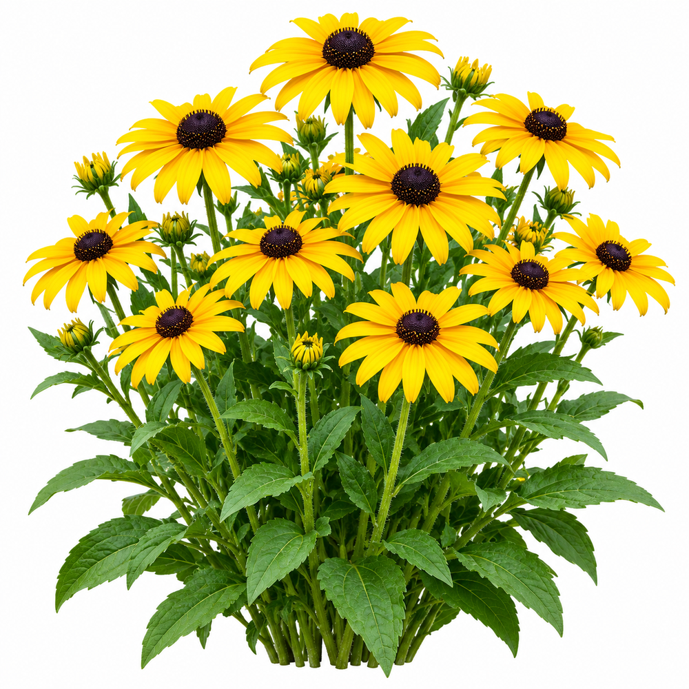 Rudbeckia Black-eyed Susan Coneflowers with bright yellow petals and dark centres – summer flower seeds for beds pots and grow bags in Pakistan