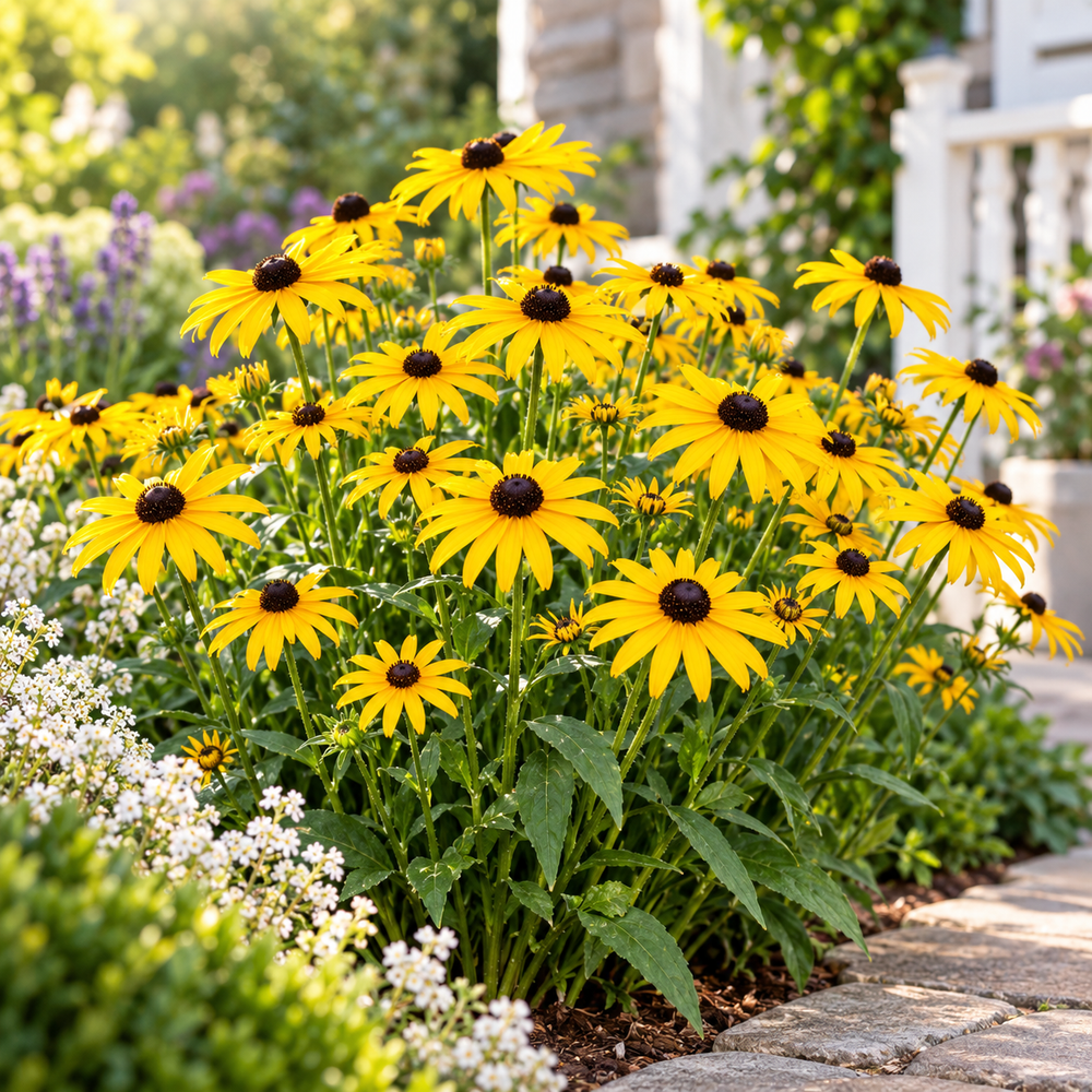 Rudbeckia Black-eyed Susan Coneflowers with bright yellow petals and dark centres – summer flower seeds for beds pots and grow bags in Pakistan