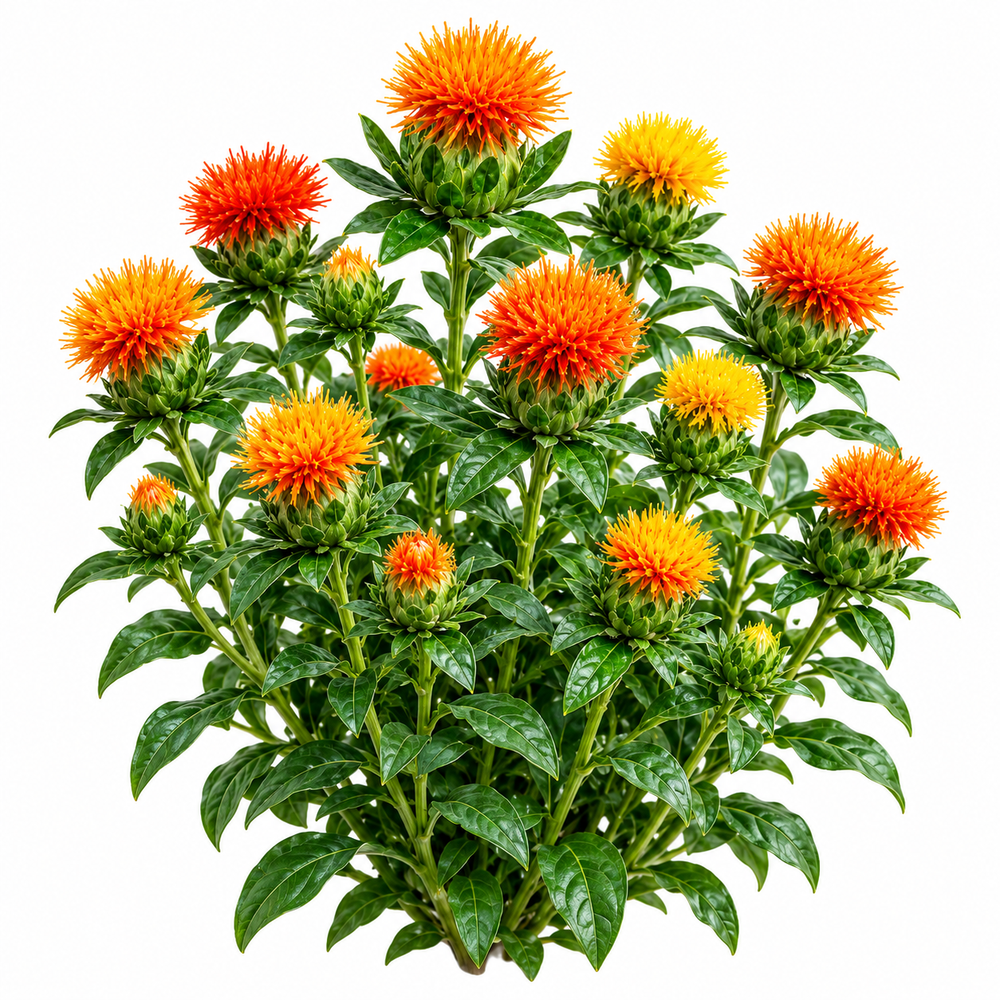 Safflower Carthamus tinctorius False Saffron with bright yellow orange and red flowers – summer seeds for sunny gardens pots and grow bags in Pakistan