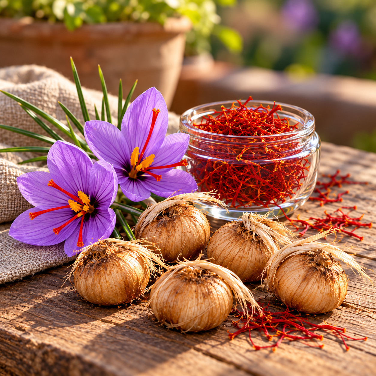 Saffron Crocus sativus flowering plant in a GREEN GARDENS grow bag