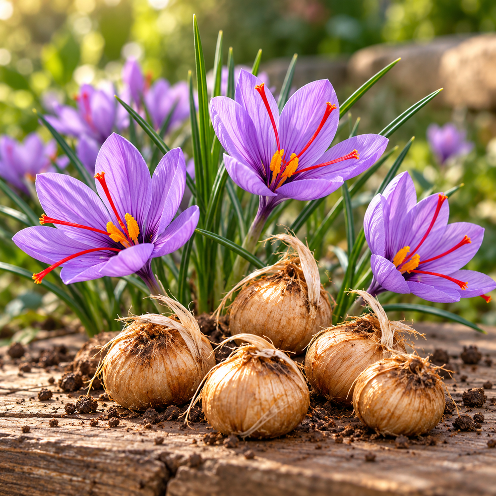 Saffron Crocus sativus flowers with purple petals and red stigmas