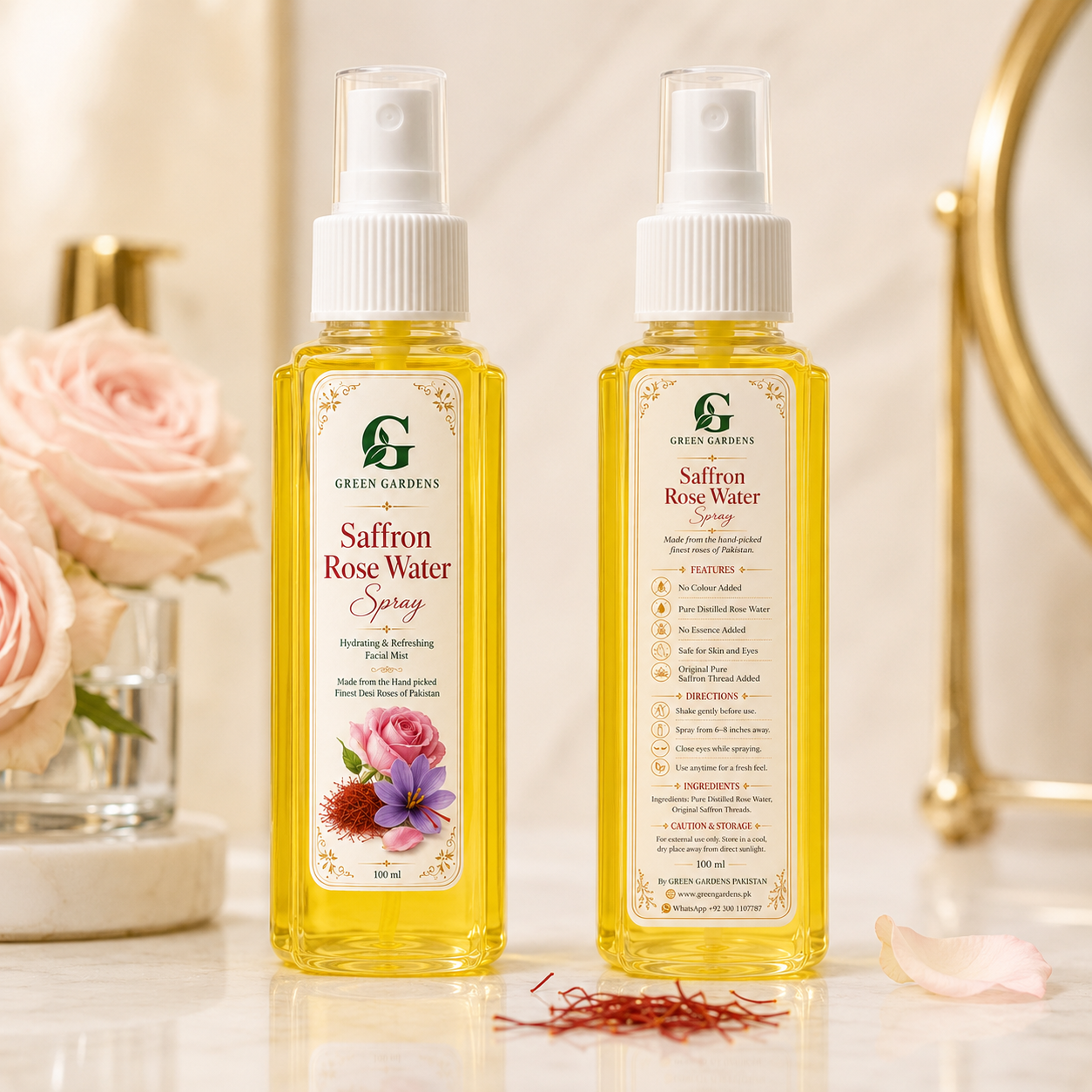 Saffron Rose Water Spray 100ml – Pure Distilled Rose Water with Original Saffron Threads