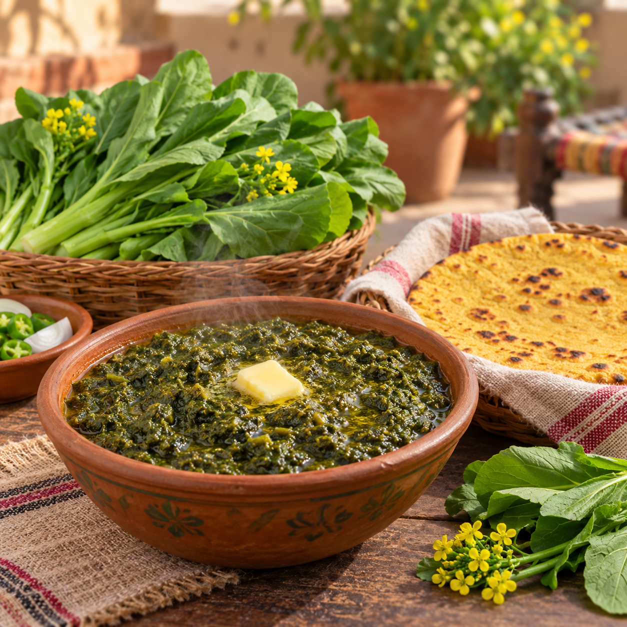 Fresh broad green Sarson Saag mustard leaves growing on healthy Brassica juncea plants – traditional winter saag seeds for home gardening in Pakistan