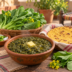 Fresh broad green Sarson Saag mustard leaves growing on healthy Brassica juncea plants – traditional winter saag seeds for home gardening in Pakistan