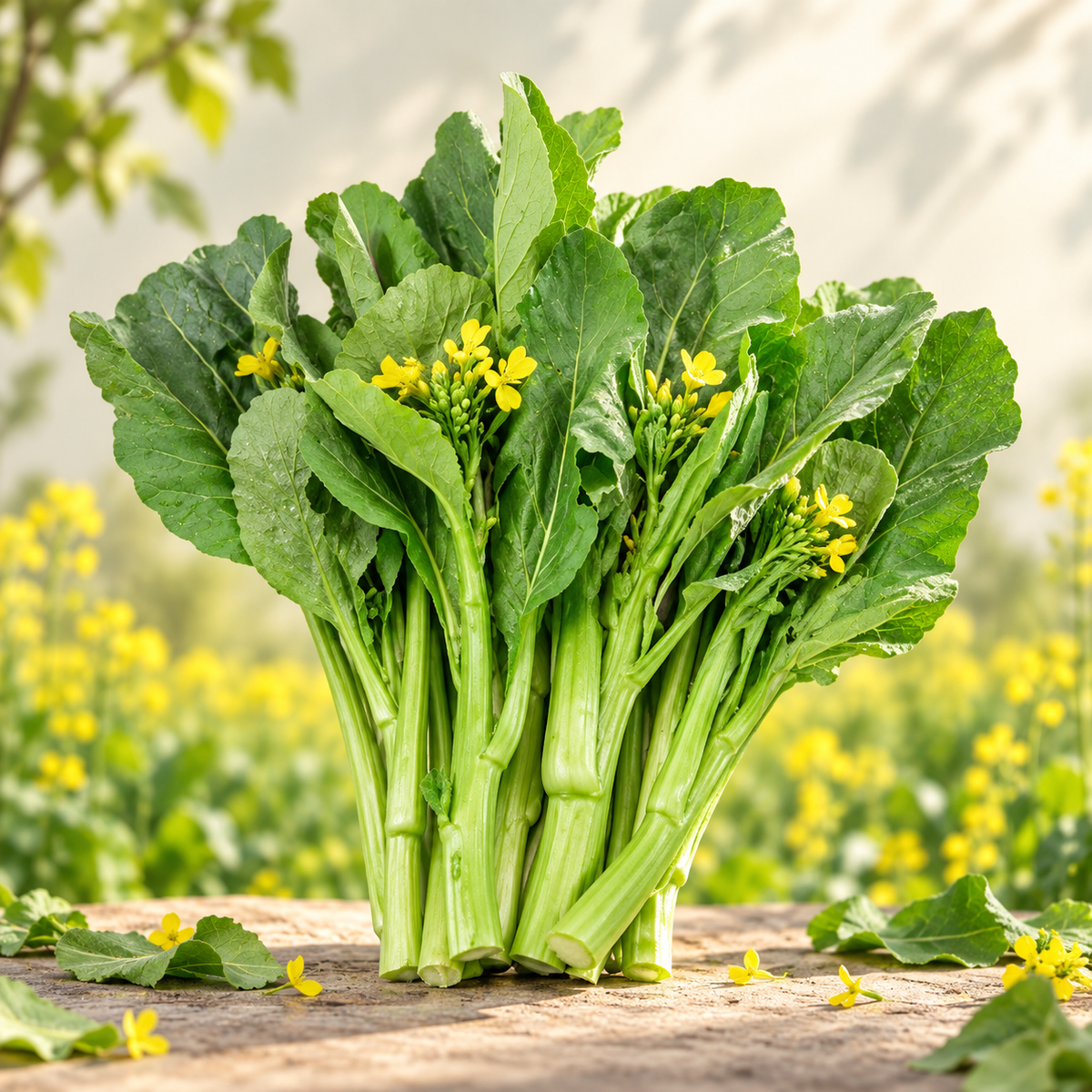 Fresh broad green Sarson Saag mustard leaves growing on healthy Brassica juncea plants – traditional winter saag seeds for home gardening in Pakistan