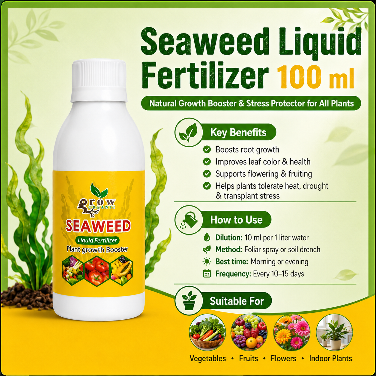 Seaweed Liquid Fertilizer 100 ml natural plant growth booster for vegetables flowers and indoor plants