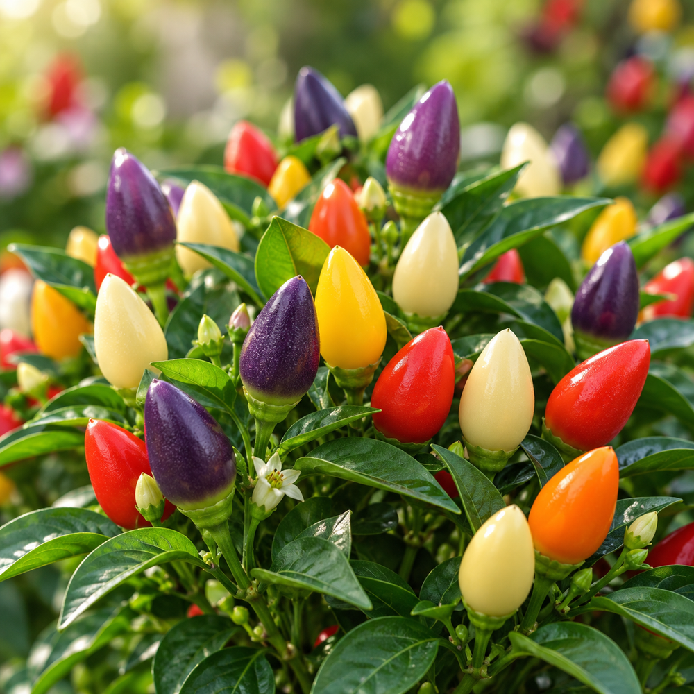 Compact Seven Colour Pepper plant covered with multicolour ornamental chillies in purple, yellow, orange and red shades – colourful pepper seeds for home gardening in Pakistan