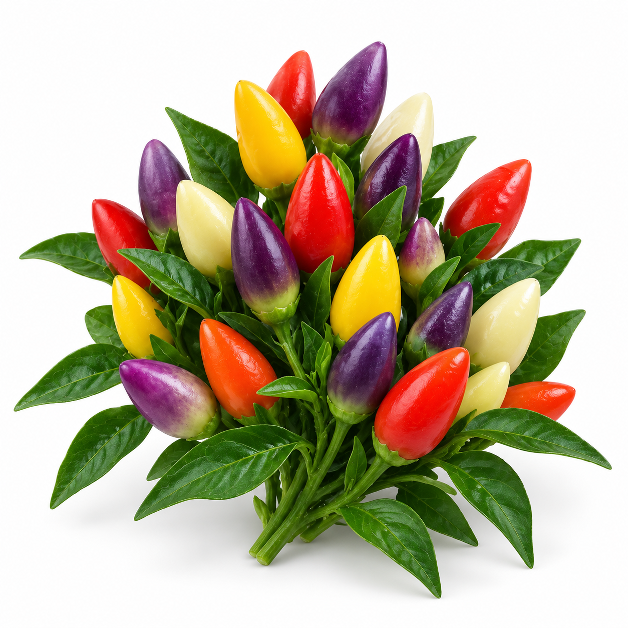 Compact Seven Colour Pepper plant covered with multicolour ornamental chillies in purple, yellow, orange and red shades – colourful pepper seeds for home gardening in Pakistan