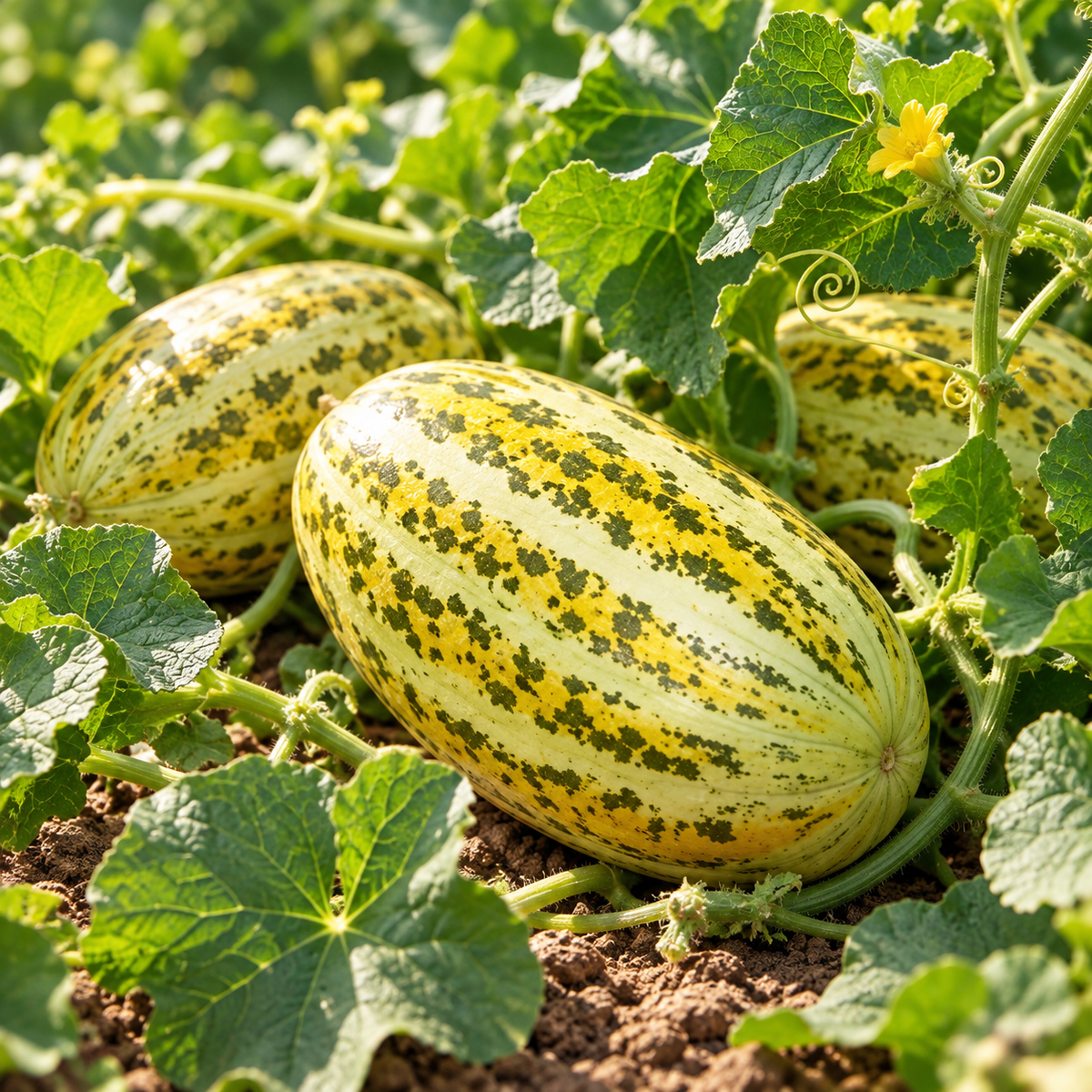 Snap Melon Phut Kakri elongated light green fruits growing on healthy summer melon vines with green leaves – Cucumis melo momordica seeds Pakistan