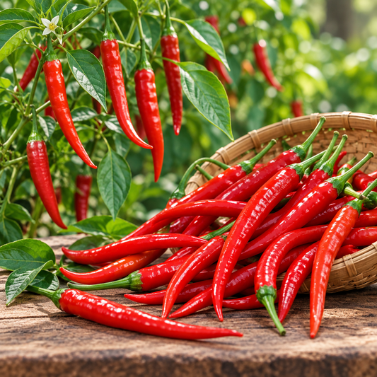 Healthy Spanish Hot Pepper plant with fresh green and mature hot chilli fruits – spicy Capsicum annuum seeds for home gardening in Pakistan