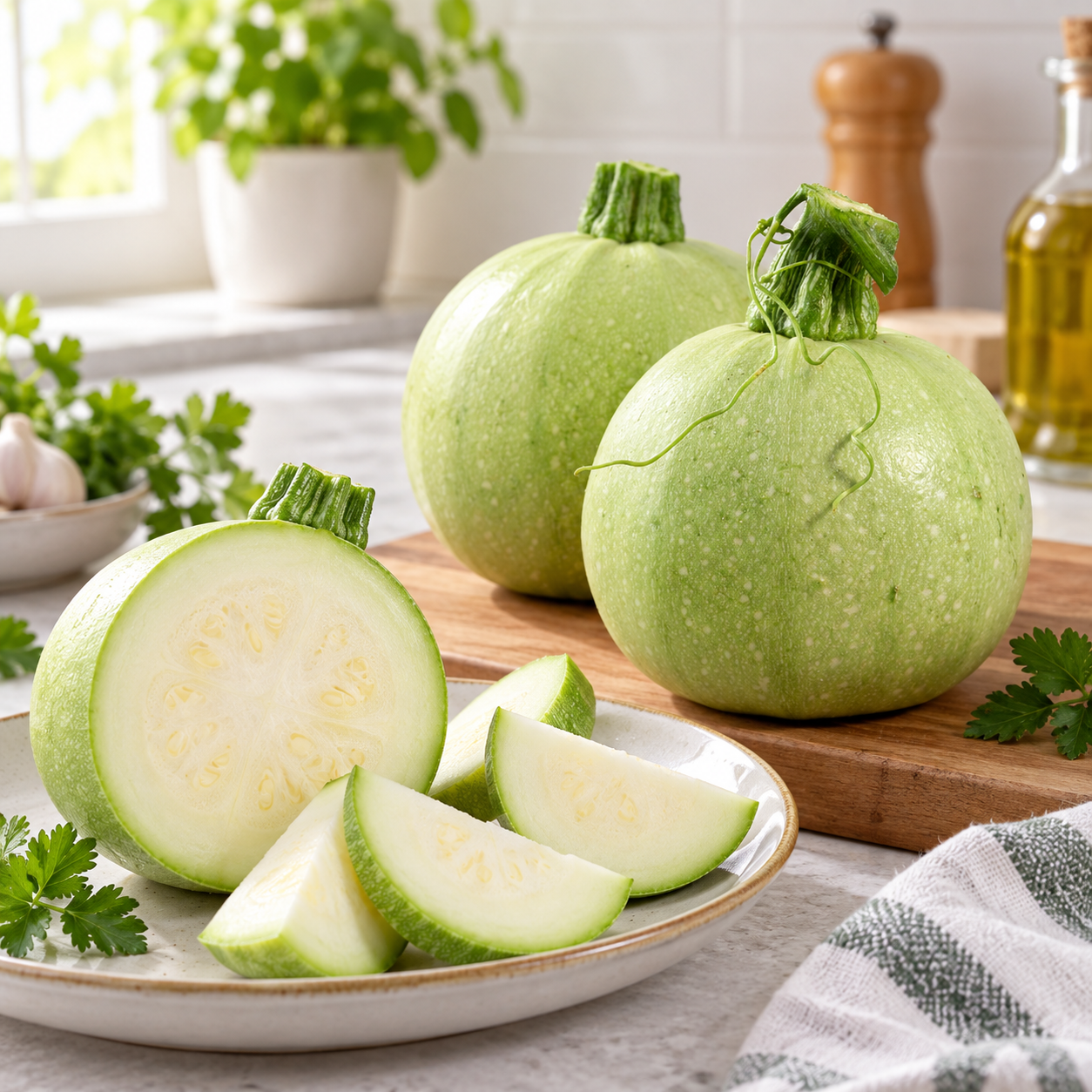 Round light-green F1 Hybrid squash fruits growing on a healthy plant – Round Squash seeds for summer and winter gardening in Pakistan