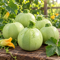 Round light-green F1 Hybrid squash fruits growing on a healthy plant – Round Squash seeds for summer and winter gardening in Pakistan