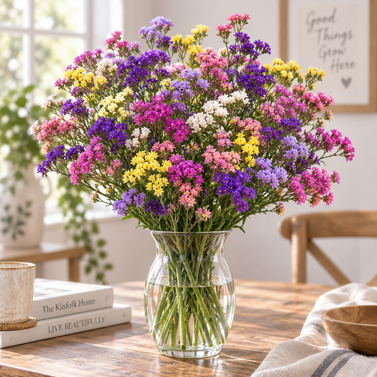 Statice Flower Mix with colourful purple pink white yellow lavender and peach papery blooms – winter cut and dried flower seeds for gardens in Pakistan