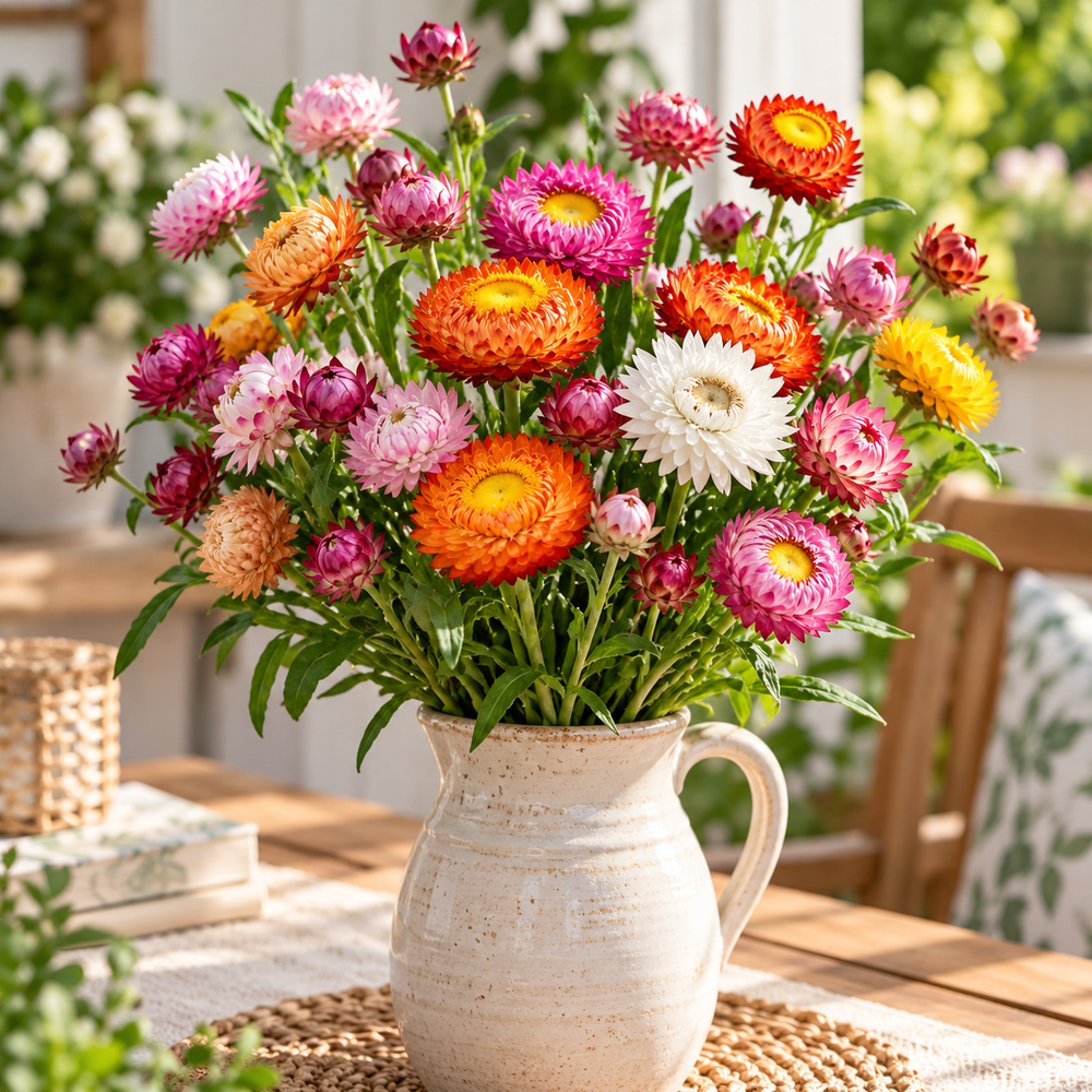 Straw Flower Xerochrysum bracteatum with colourful papery everlasting blooms – winter flower seeds for beds borders pots grow bags fresh cuts and dried arrangements in Pakistan