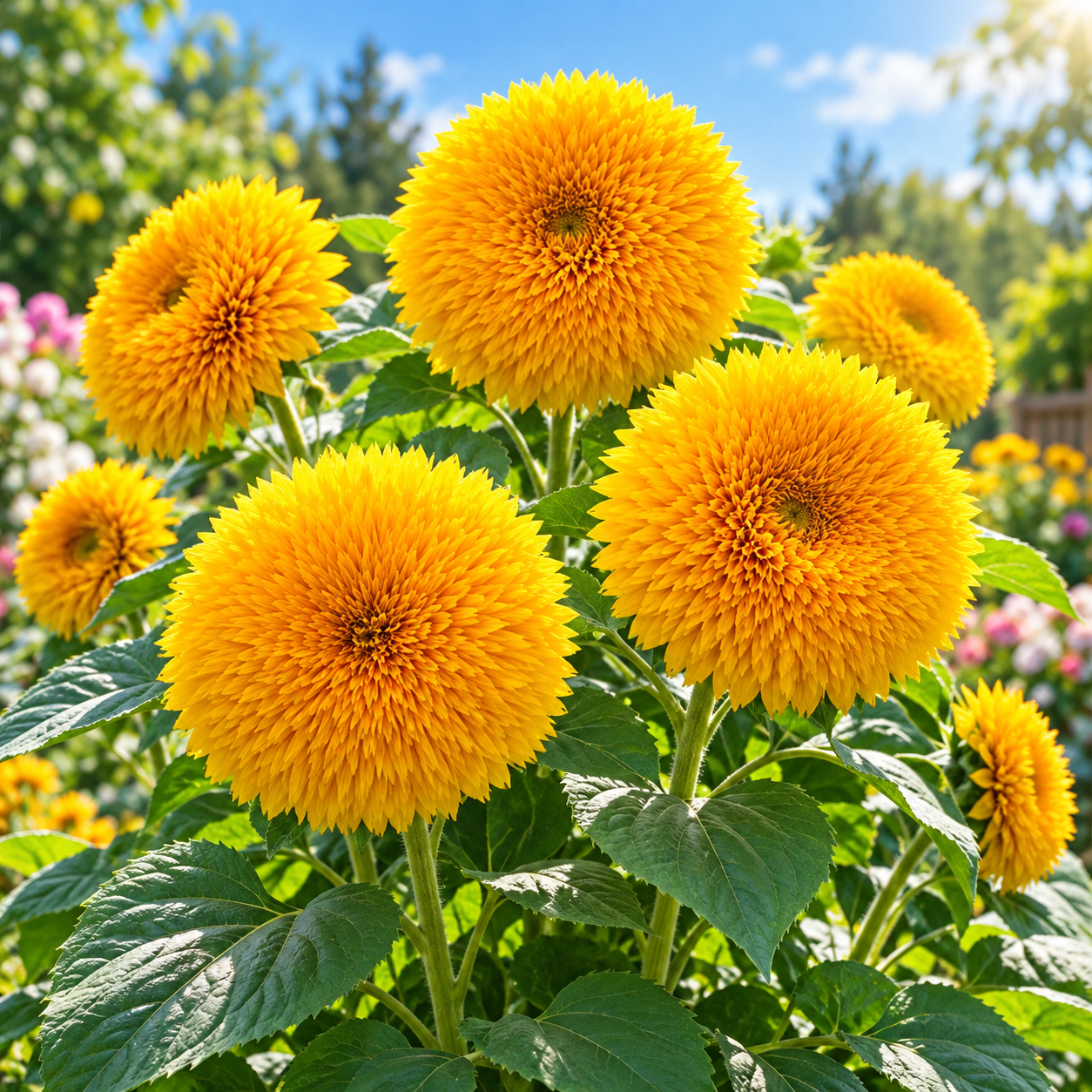 Double Tall Sunflower Helianthus annuus with large densely petalled golden-yellow double flowers – summer seeds for gardens and grow bags in Pakistan