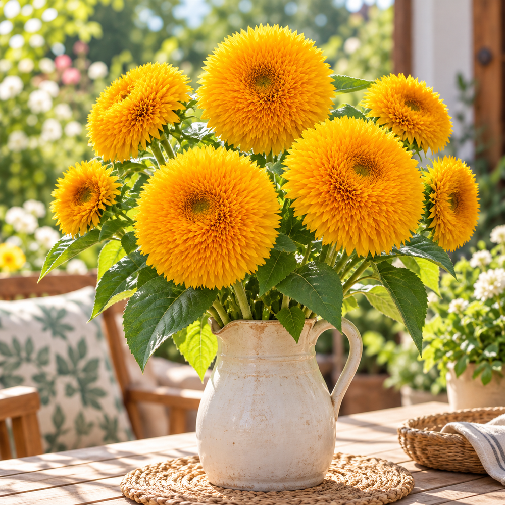 Double Tall Sunflower Helianthus annuus with large densely petalled golden-yellow double flowers – summer seeds for gardens and grow bags in Pakistan