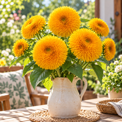 Double Tall Sunflower Helianthus annuus with large densely petalled golden-yellow double flowers – summer seeds for gardens and grow bags in Pakistan