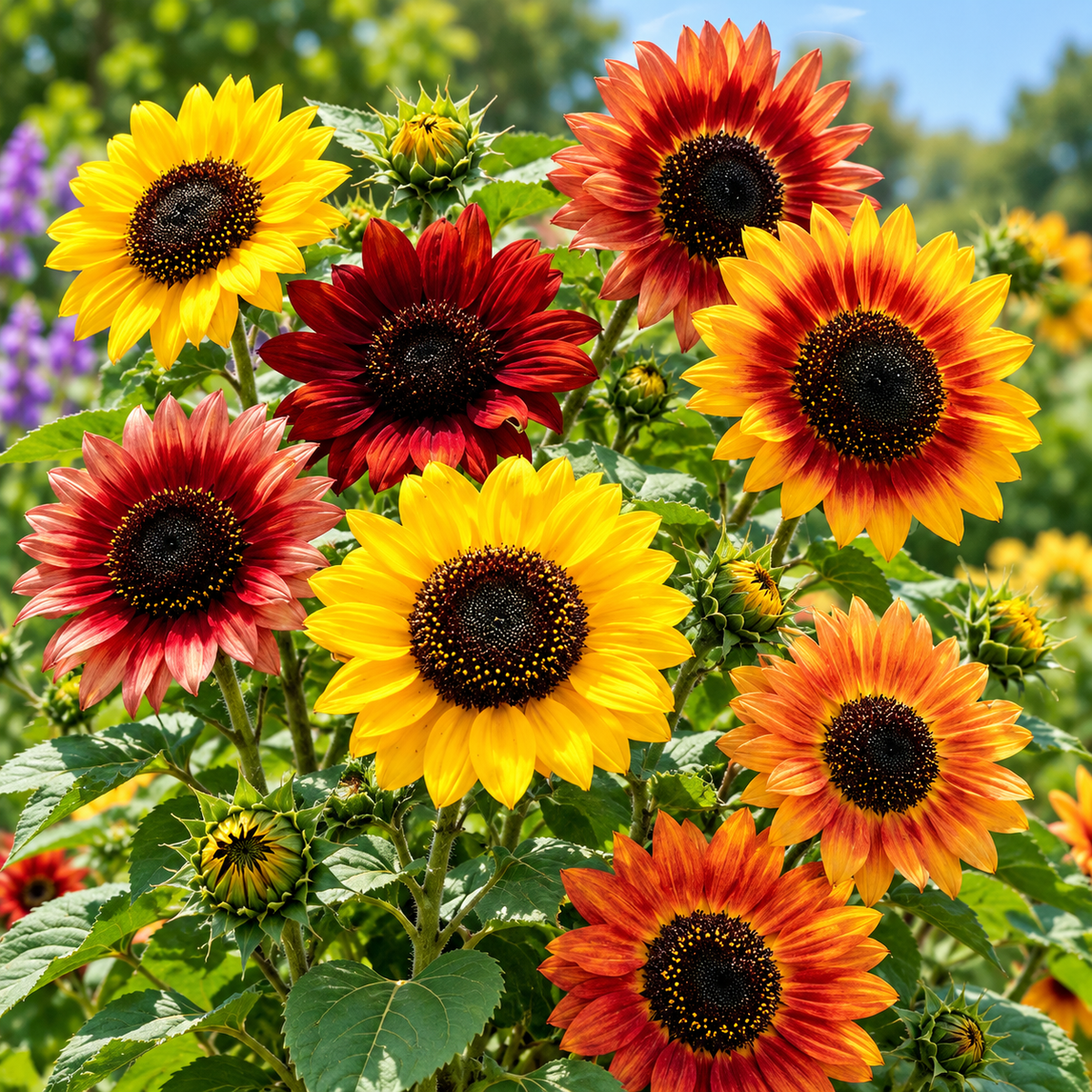 Multicolour Sunflower Helianthus annuus mix with yellow orange red bronze and bicolour summer flowers for gardens and grow bags in Pakistan