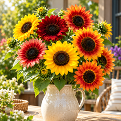 Multicolour Sunflower Helianthus annuus mix with yellow orange red bronze and bicolour summer flowers for gardens and grow bags in Pakistan