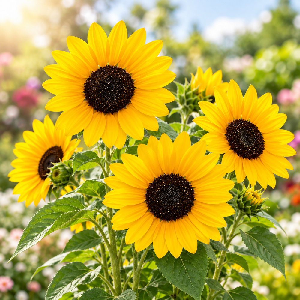 Sunflower Multiflora with multiple bright yellow blooms on branching stems – summer sunflower seeds for gardens and grow bags in Pakistan