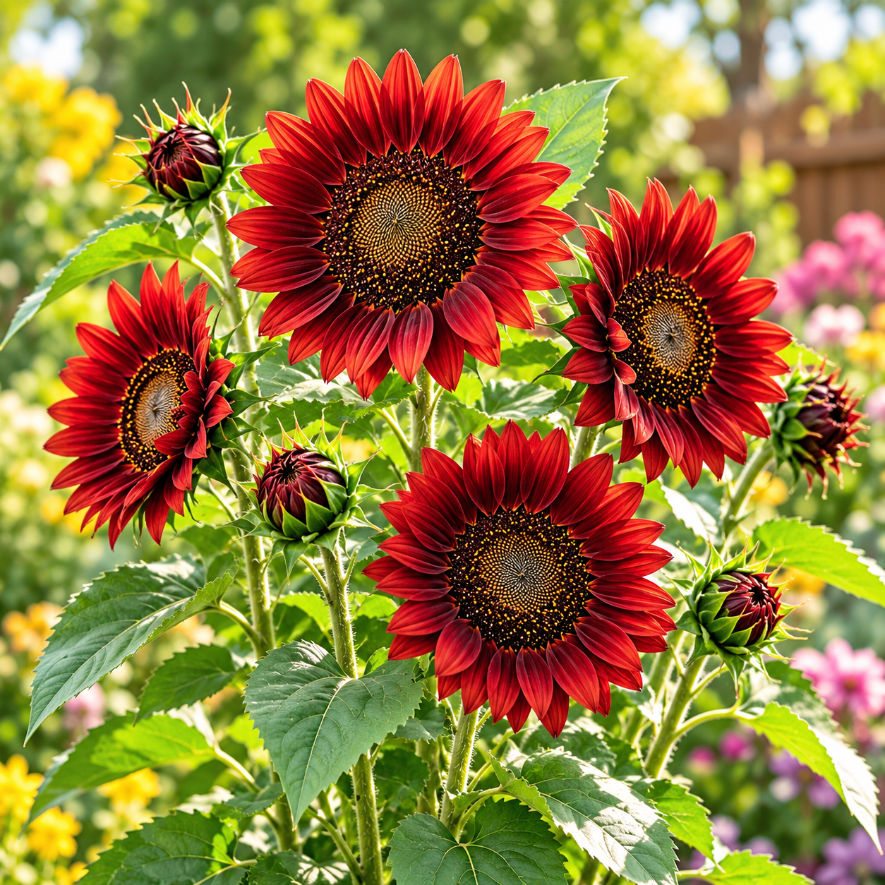 Red Sunflower Helianthus annuus with deep red burgundy flowers and dark centres – summer flower seeds for gardens and grow bags in Pakistan