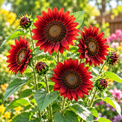 Red Sunflower Helianthus annuus with deep red burgundy flowers and dark centres – summer flower seeds for gardens and grow bags in Pakistan