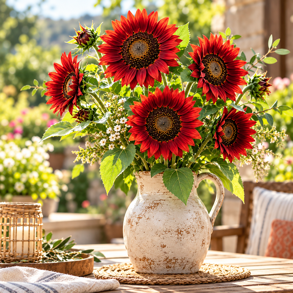 Red Sunflower Helianthus annuus with deep red burgundy flowers and dark centres – summer flower seeds for gardens and grow bags in Pakistan