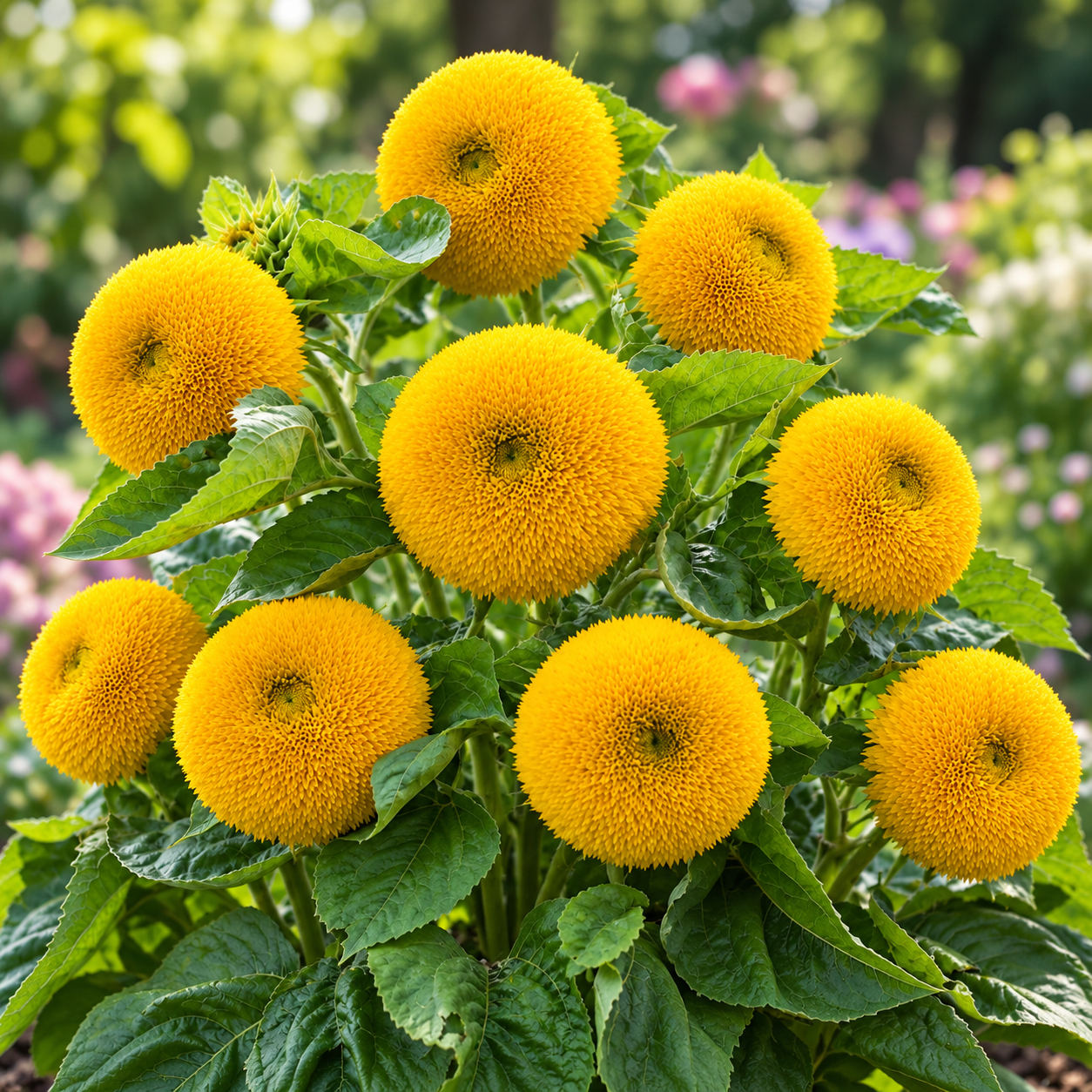 Teddy Bear Dwarf Sunflower Helianthus annuus with fluffy double golden-yellow blooms – summer flower seeds for pots borders and grow bags in Pakistan
