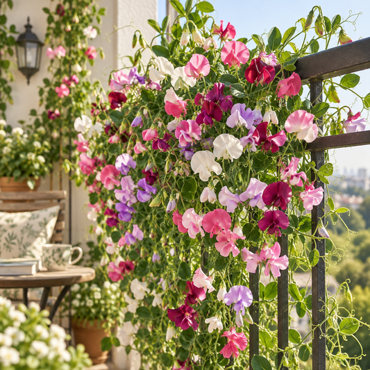 Fragrant multicolour Sweet Pea Lathyrus odoratus flowers climbing on a trellis – winter flowering vine seeds for grow bags, arches and cut-flower gardens in Pakistan