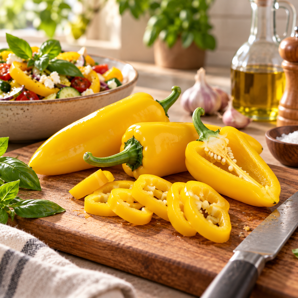 Healthy Ora Long Sweet Pepper plant with elongated green and ripe sweet pepper fruits – long Capsicum annuum seeds for home gardening in Pakistan