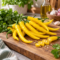 Romanian Giallo Sweet Pepper plant with green and golden-yellow mature fruits – yellow Capsicum annuum seeds for home gardening in Pakistan