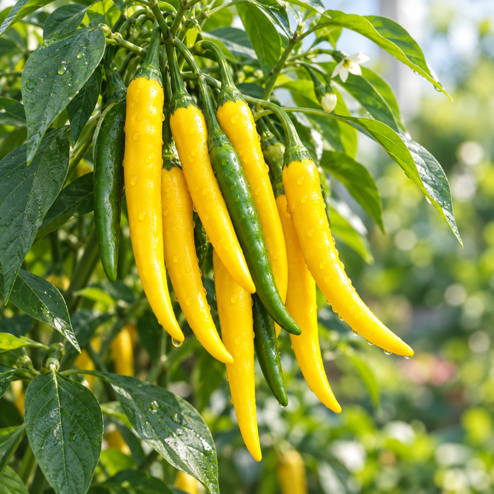 Romanian Giallo Sweet Pepper plant with green and golden-yellow mature fruits – yellow Capsicum annuum seeds for home gardening in Pakistan